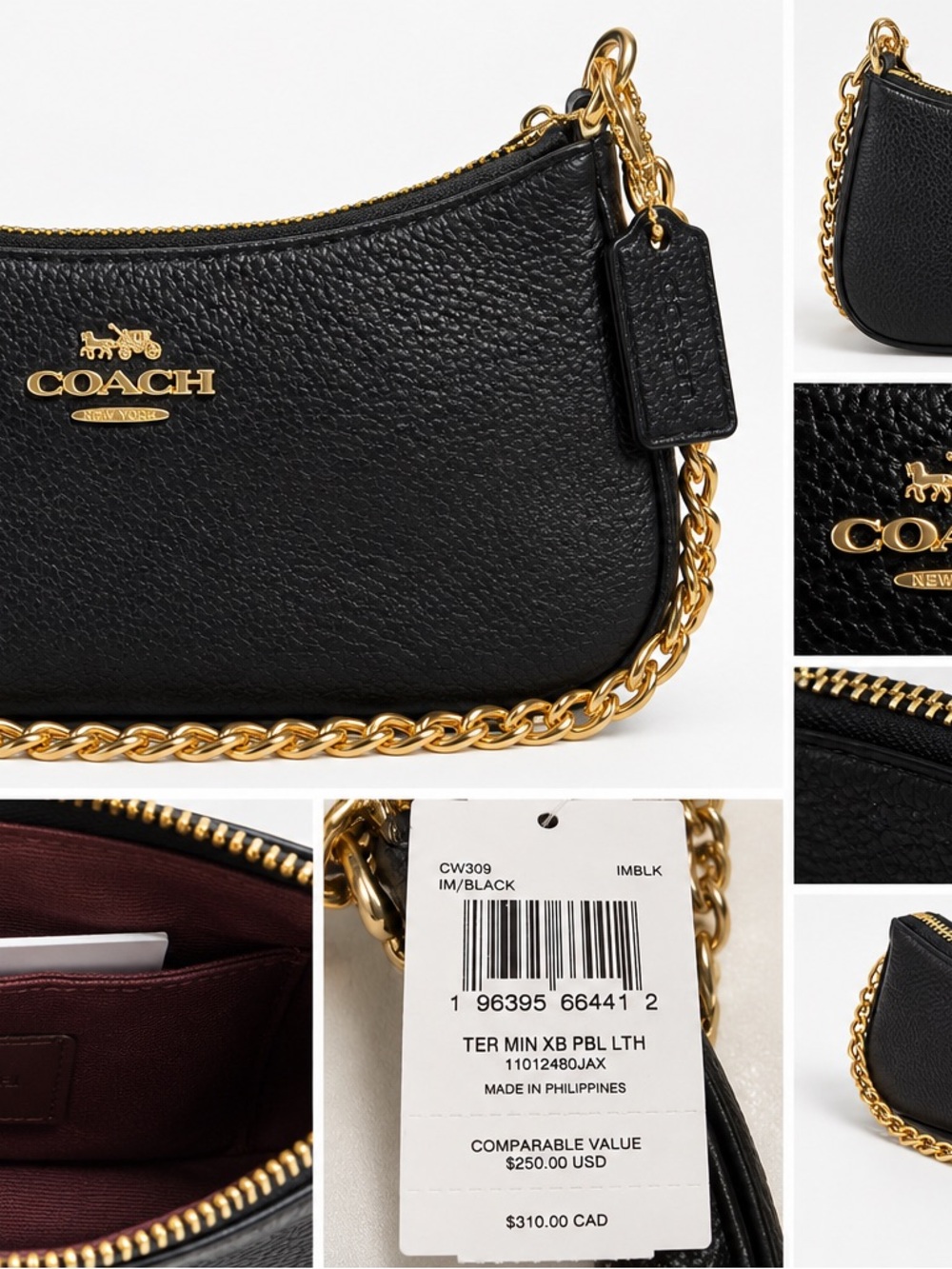 Coach Black Pebbled Leather Shoulder Bag with Gold Chain NWT